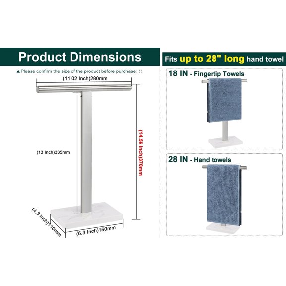 Hand Towel Holder, T-Shape Hand Towel Stand for Bathroom, Hand Towel Rack Bar Standing for Vanity Kitchen Countertop, 304 Stainless Steel (Marble Base, Brushed)