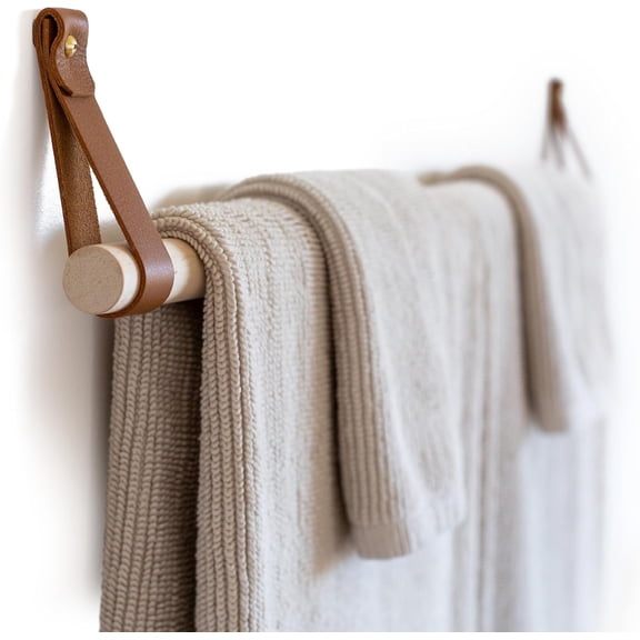Hand Towel Holder for Bathroom Kitchen, Kit Includes Leather Strap Hooks, Wooden Dowel Rail, Gold/Brass Hardware, Simple Minimal Design