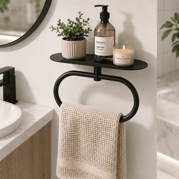 Hand Towel Ring with Shelf, Matte Black Stainless Steel Hand Towel Holder, Wall Mounted Bathroom Towel Hanger for Bathroom Kitchen, Heavy Duty Bath Accessories