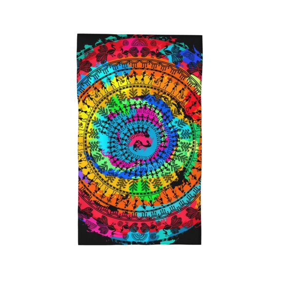 Hand Towel, Ultra-Soft & Absorbent Face Wash Cloth for Bath, Pool, Travel, 27.5" x 16", Round Warli Tribal Art