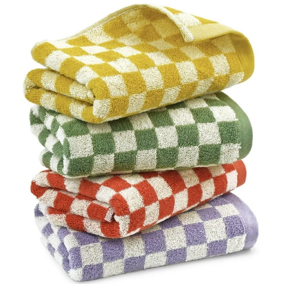 Hand Towels for Bathroom 4 Pack, Cotton Face Towels Soft Absorbent for Spa Bath Gym Kitchen, Hand Towel Set Decorative Checkered, 13 x 29 Inches, 4 Colors