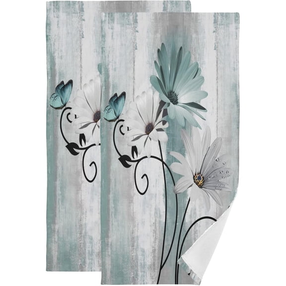 Hand Towels for Bathroom Set of 2 Farm Teal White Daisy Floral Flowers Butterfly on Country Wooden Soft Absorbent Small Bath Towels Decorative Kitchen Guest Dish Towel for Spa,Hotel 28x14in