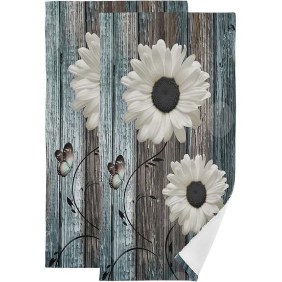 Hand Towels for Bathroom Set of 2 Farmhouse Floral Rustic White Daisy Flower Teal Blue Wooden Plank Soft Absorbent Small Bath Towels Decorative Kitchen Guest Dish Towel for Gym,Spa 28x14in