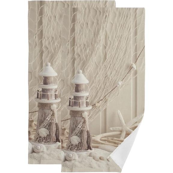 Hand Towels for Bathroom Set of 2 Nautical Seashell Fishing Net Marine Ocean Beach Theme Lighthouse Starfish Soft Absorbent Small Bath Towels Decorative Towel for Hotel,Gym,Spa 28x14in Beige