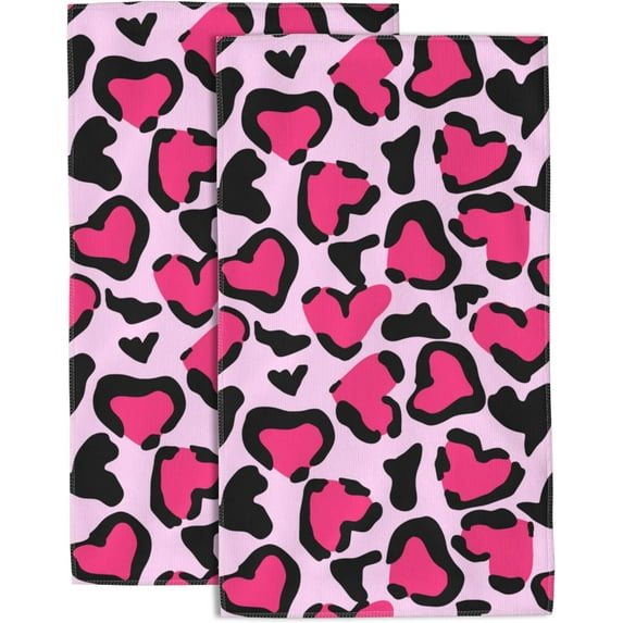 Hand Towels Set of 2 Leopard Print Pink Heart Towels for Bathroom Soft Absorbent Decorative Hand Bath Towels Dish Towels for Kitchen Sports Gym Yoga Home Decor 14 x 28 in