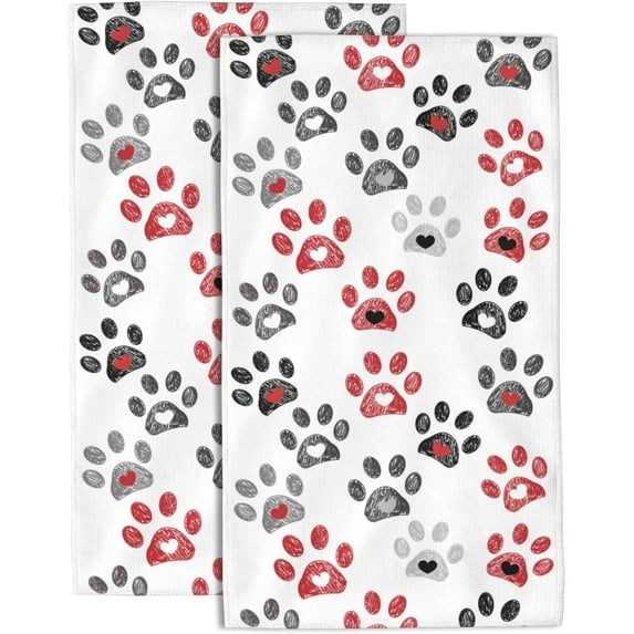 Hand Towels Set of 2 Paw Print with Hearts Hand Towels for Bathroom Soft Absorbent Decorative Hand Bath Towels Dish Towels for Kitchen Sports Gym Yoga Home Decor 14 x 28 in
