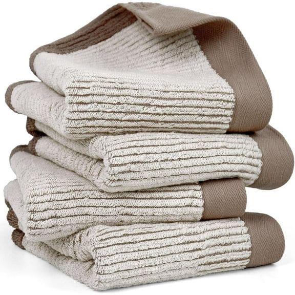 Hand Towels for Bathroom set of 4, Jacquard Weaved Cotton Face Towels, 28 x 13.7 Inches (Light-Brown)