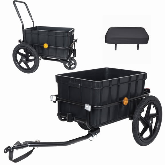 Hand Truck 2-in-1 Bike Cargo Trailer Pushcart, Bicycle Trailer with Removable Box and Waterproof Cover, Black, Pushcart Stroller with Tow Hitch and Removable Handlebar, black,Dolly