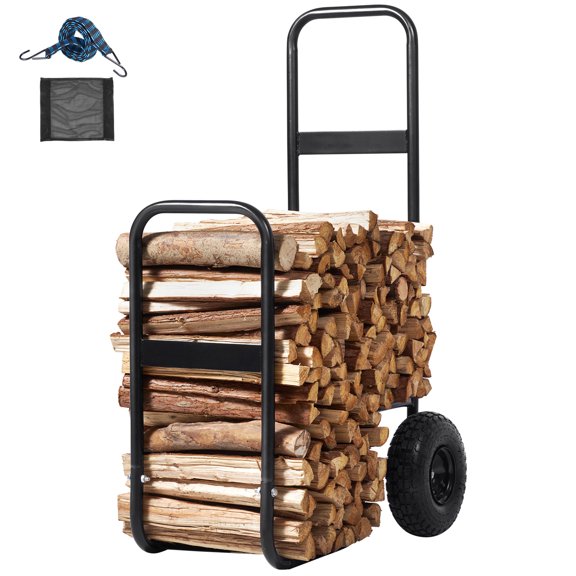 Hand Truck 250 Lbs Rated Load Firewood Mover 10.5 Inch Pneumatic Rubber Wheels Black for Indoor Outdoor Fireplace Fire Pit Use