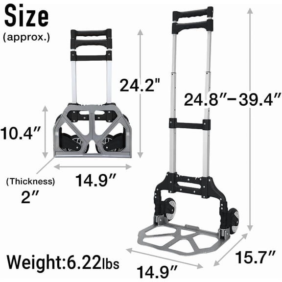 Hand Truck Dolly Folding Alunimum Carrying Cart with Wheels Foldable and Long 39.4" Collapsible Handle, 166 Lbs for Camping Outdoor Home