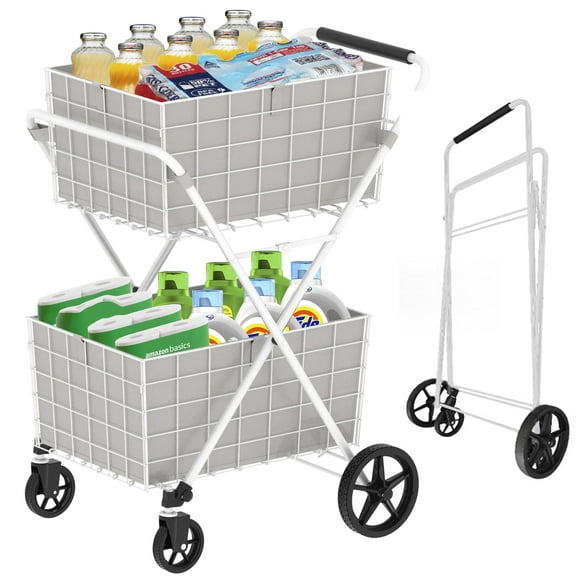 Hand Trucks Extra Jumbo Shopping Cart,2 Layers Grocery Cart on Wheels, Foldable Utility Shopping Carts with Double Basket and 360° Rolling Swivel Wheels for Groceries Laundry, White,Platform Dollies