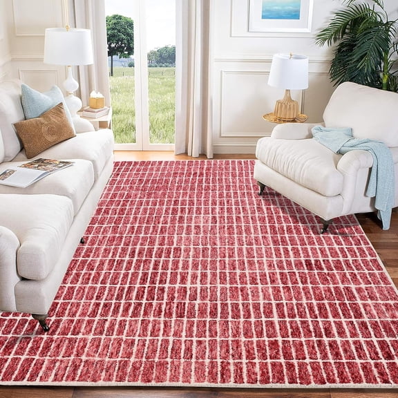 Hand-Tufted 100% Wool Area Rug Unique Modern Geometric Grid Pattern, Soft Plush Textured Carpet for Living Room, Bedroom, Dining Room & Entryway Brick Red 8 x 10 feet