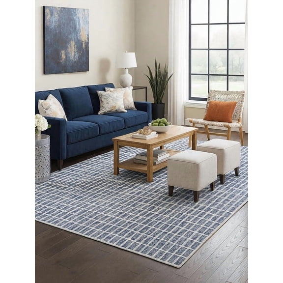 Hand-Tufted 100% Wool Area Rug – Unique Modern Geometric Grid Pattern, Soft Plush Textured Carpet for Living Room, Bedroom, Dining Room & Entryway (Denim Blue, 8' (Round))
