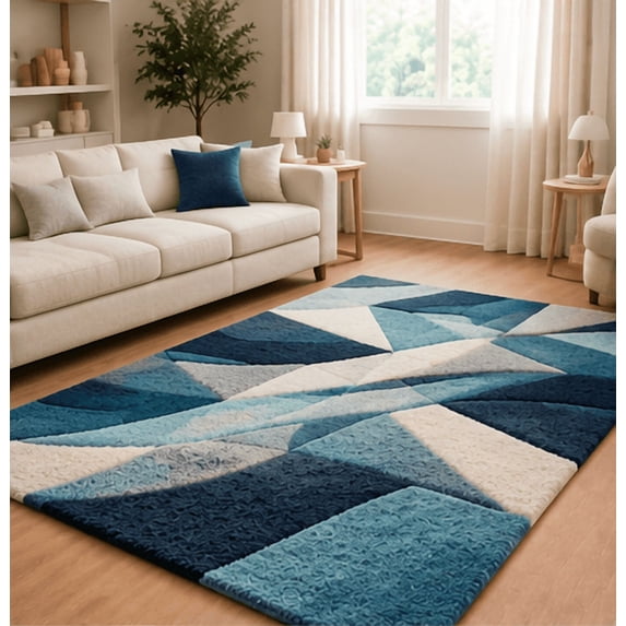 Blue Variant Rug Texture Hand-Tufted 3D Abstract Blue Geometric Area Rug, Modern Carved Ocean ...