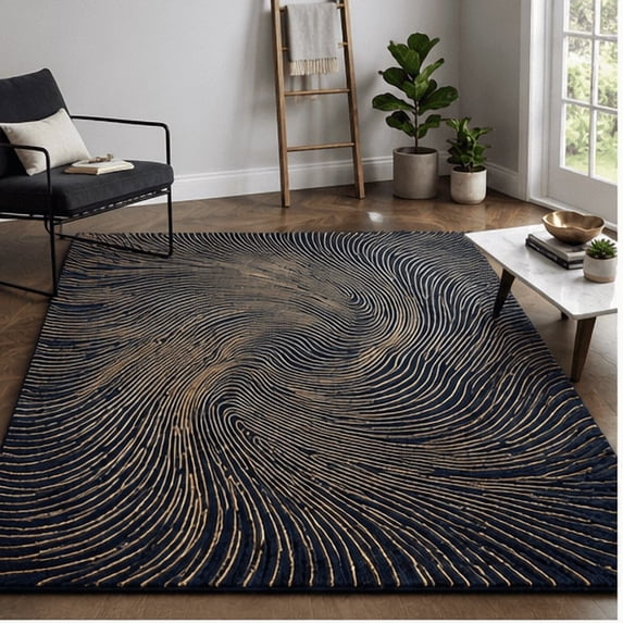 Blue Variant Rug Texture Hand-Tufted 3D Abstract Swirl Area Rug, Luxury Navy Blue and Gold ...