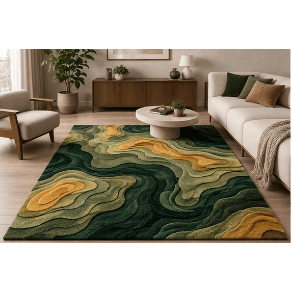 Layared Rugs Hand-Tufted 3D Topographic Contour Area Rug, Forest Green and Gold ...