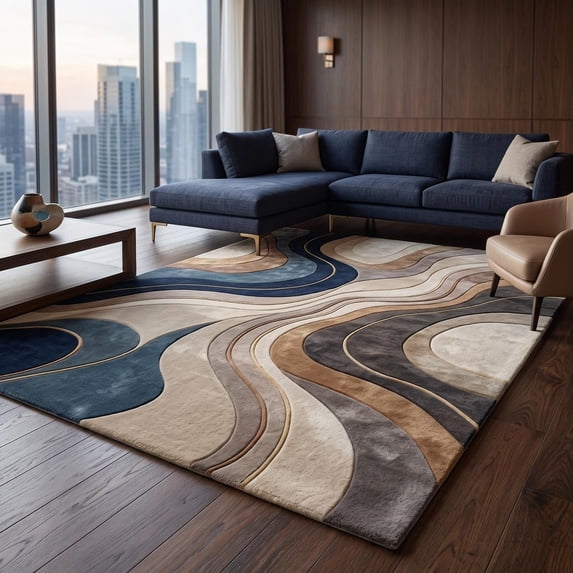 Hand-Tufted Abstract Flowing Waves Wool Area Rug in Deep Blue Gold Grey ...