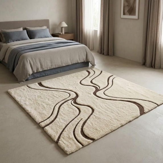 Hand-Tufted Abstract Organic Lines Wool Shag Area Rug in Cream and ...