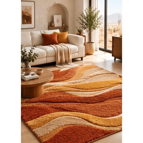 Wool Textured Area Rug Hand-Tufted Abstract Wavy Ribbon Terracotta Orange and Ochre Yellow ...