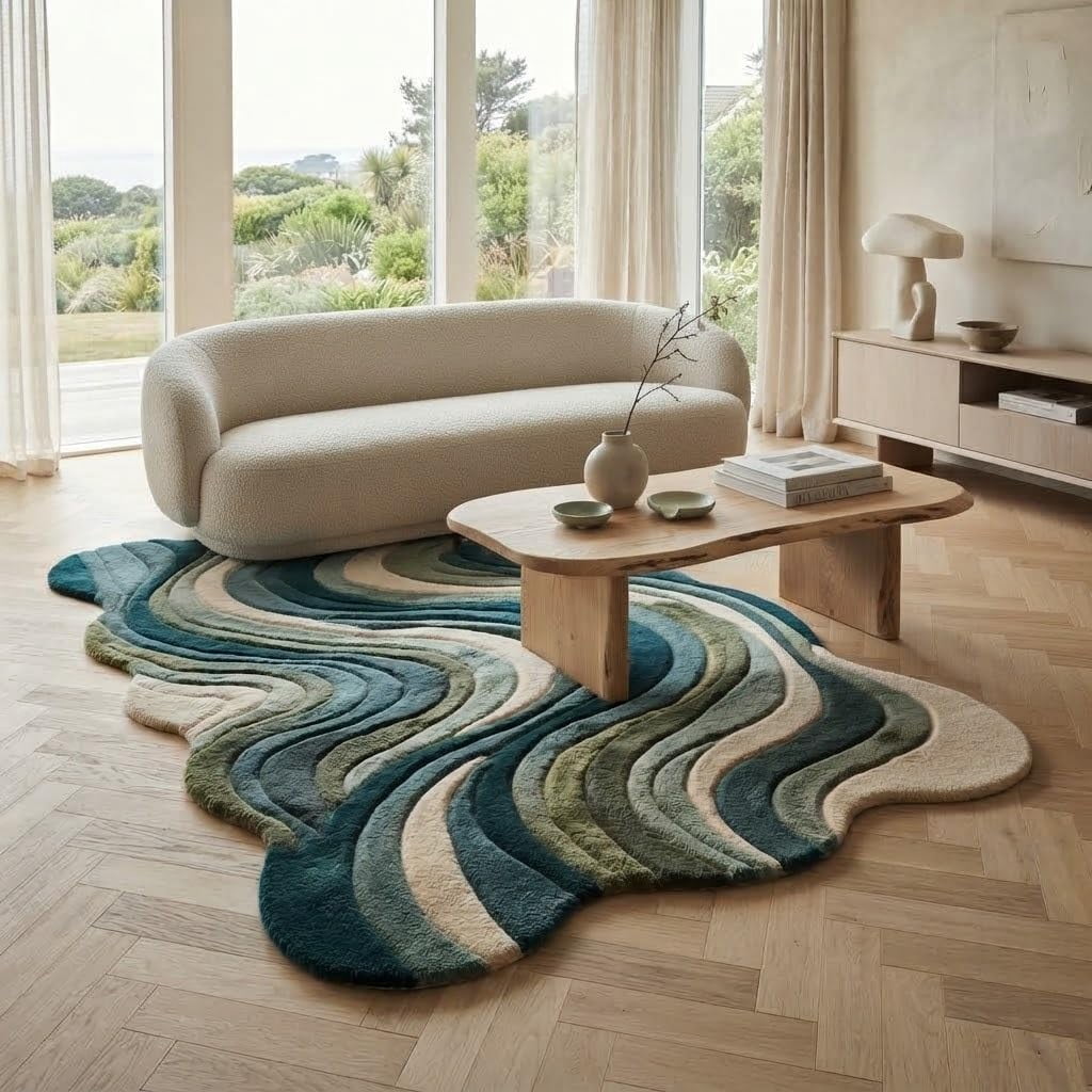 Hand-Tufted Abstract Wavy Shape Teal and Sage Green Wool Blend Area Rug ...