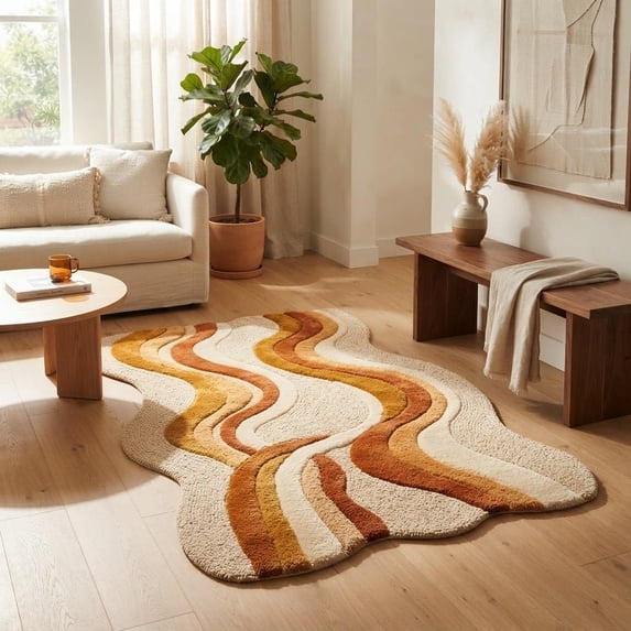 Hand-Tufted Abstract Wavy Shape Terracotta and Mustard Yellow Wool ...
