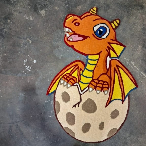 Hand-Tufted Baby Cartoon Dragon Rug, Irregular Shaped Fantasy Wool Area Rug for Kids Room or Nursery Decor