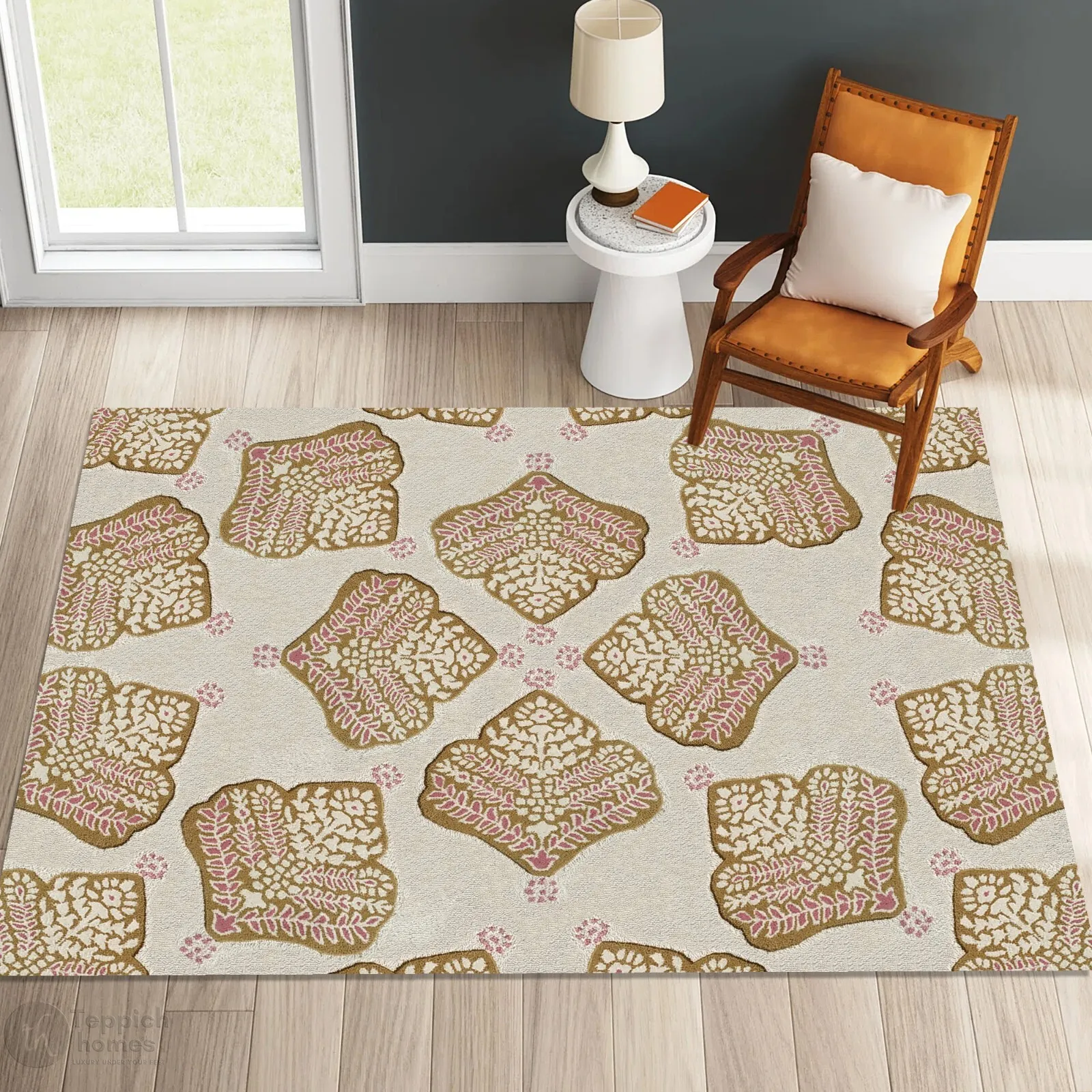 Hand-Tufted Beige Wool Rug – Vintage Area Rug with Traditional Floral ...
