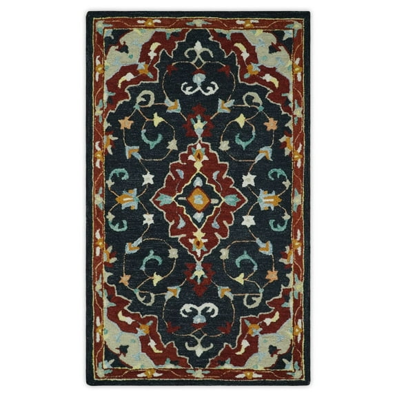 Hand Tufted Black, Rust and Beige Persian Style Antique Oriental Wool Area Rug