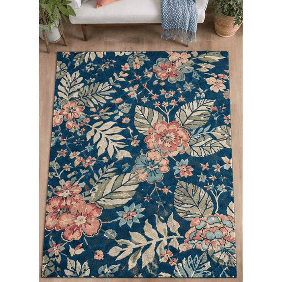 Teal Rug Hand-Tufted Botanical Floral Area Rug, Vibrant Teal Blue and Coral Pink ...