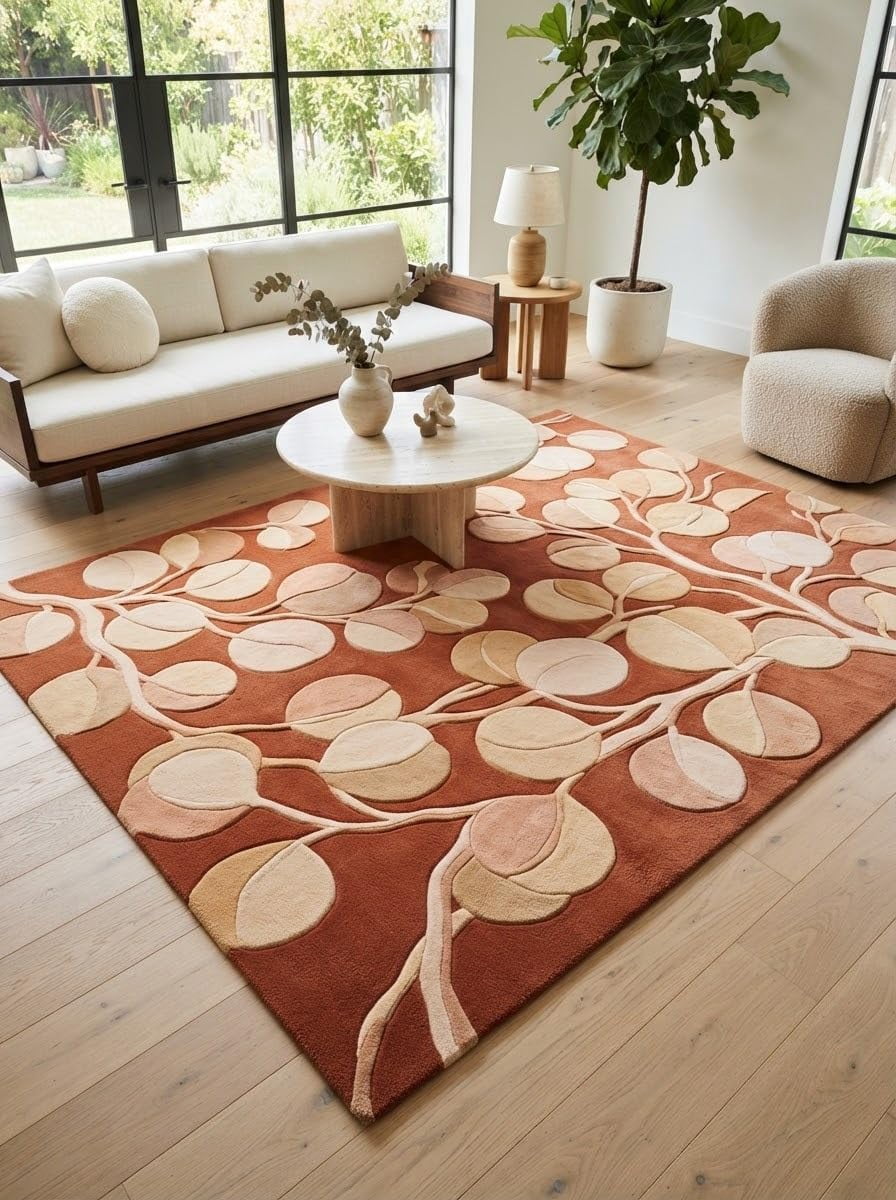 Hand-Tufted Botanical Leaf Pattern Terracotta and Beige Wool Blend Area ...