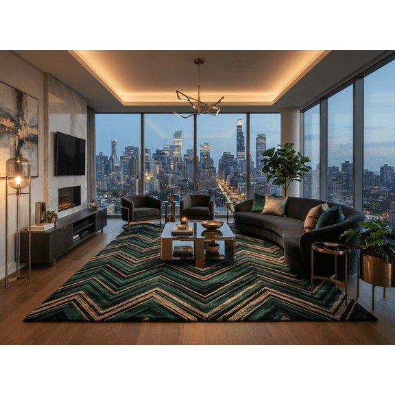 Hand-Tufted Chevron Zigzag Pattern Emerald Green Deep Black and Metallic Gold Wool Area Rug for Living Room and Bedroom – 6x6 Feet Square