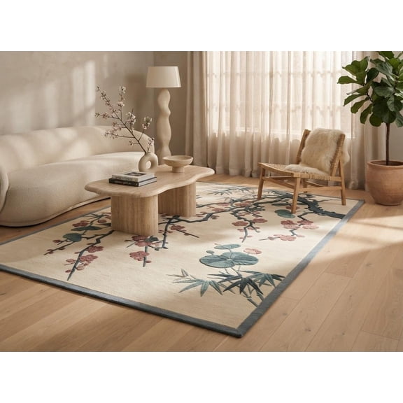 Hand-Tufted Chinoiserie Cherry Blossom and Lotus Pattern Off-White and Pink Wool Rug for Living Room and Bedroom – 6 Feet