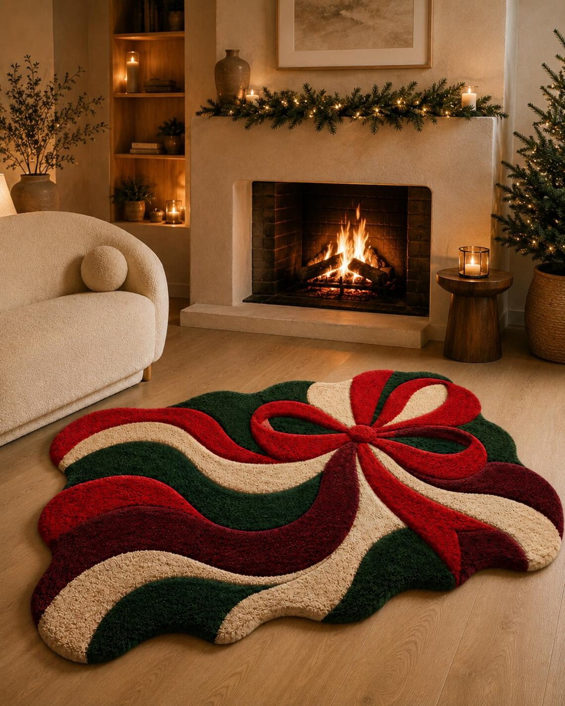 Hand-Tufted Christmas Ribbon Bow Pattern Red Green and Cream Shaped ...