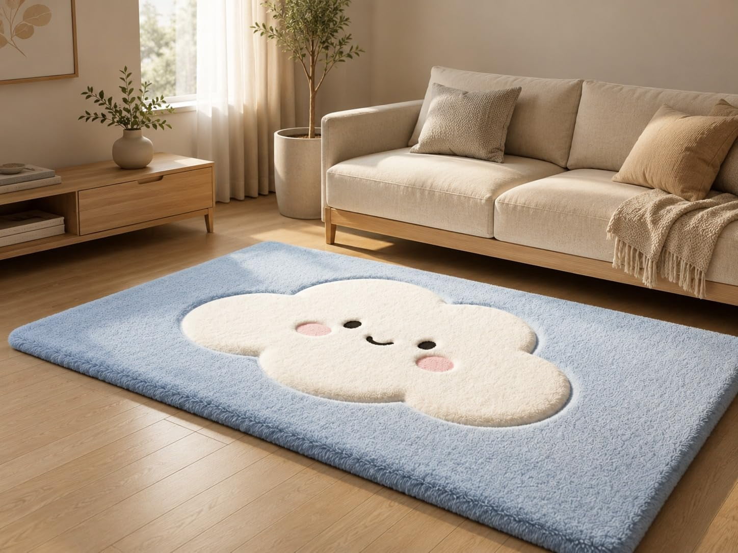 Hand-Tufted Cute Smiling Cloud Shaped Wool Area Rug in Light Blue and ...