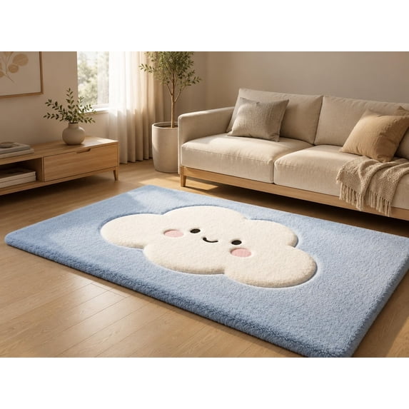 Hand-Tufted Cute Smiling Cloud Shaped Wool Area Rug in Light Blue and ...