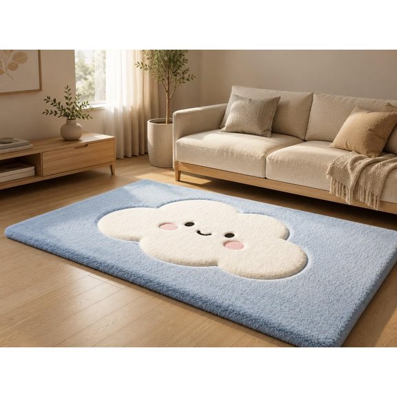 Hand-Tufted Cute Smiling Cloud Shaped Wool Area Rug in Light Blue and Cream for Nursery Playroom and Kids Bedroom – 7x7 ft Sq