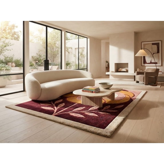 Maroon Check Rug Hand-Tufted Floral Motif Wool Blend Area Rug Burgundy Mustard Pink and ...