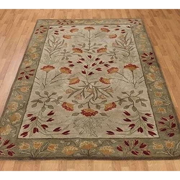 Hand Tufted Floral Wool Area Rug for Living Room & Bedroom, Muted Green 100% New Zealand Wool Plush Pile Rug 4×6 ft