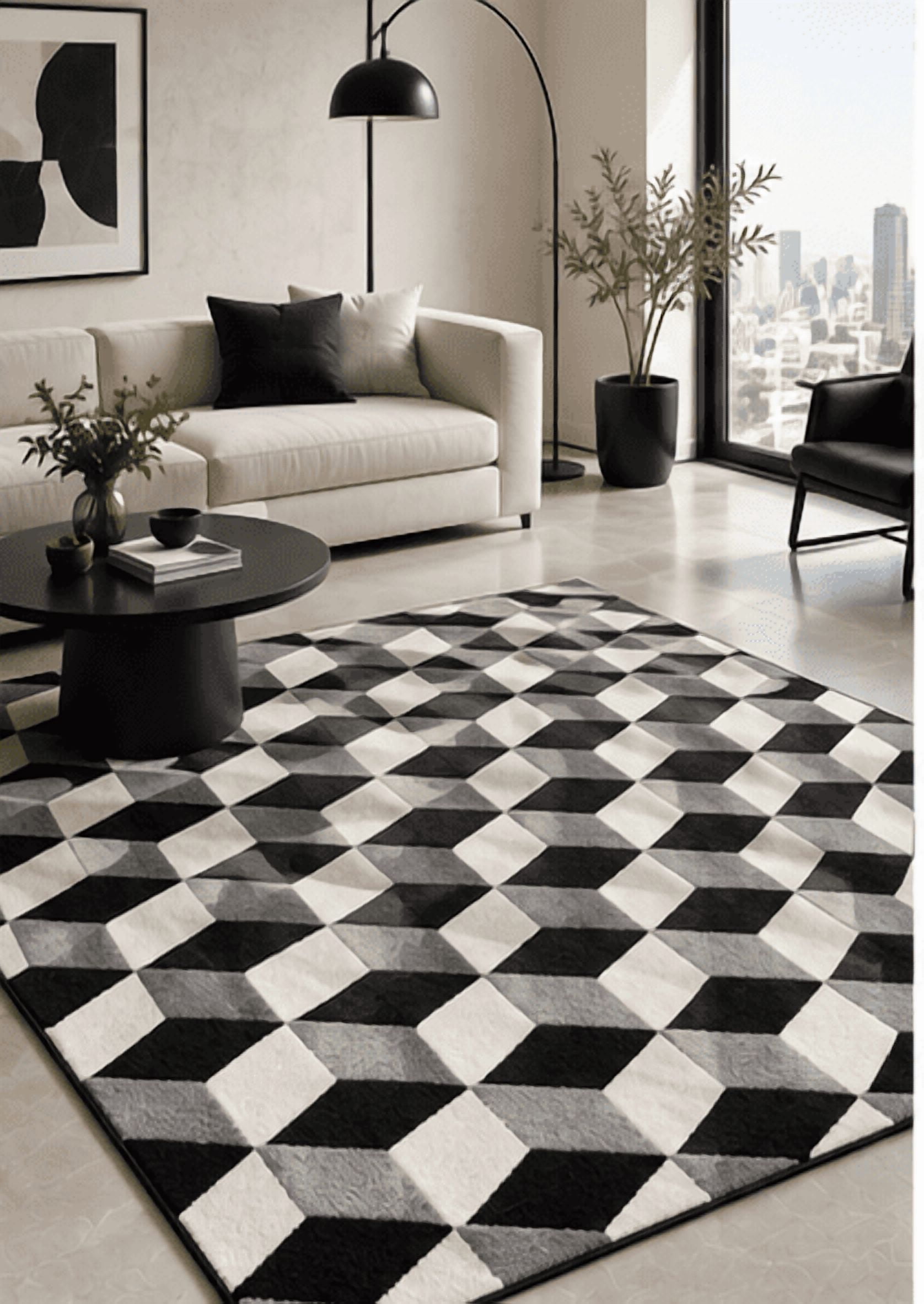 Simple Geometric Patterns Rug Hand-Tufted Geometric 3D Cube Pattern Black Grey and Cream Wool Area ...