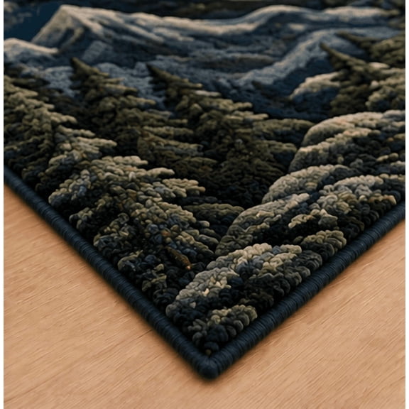 Hand-Tufted Howling Wolf Area Rug, Midnight Blue and Grey Full Moon Mountain Wildlife Carpet for Living Room and Cabin – 6x6 Feet Square