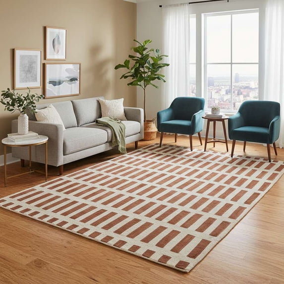 Modern Hand-Tufted Terracotta Geometric Area Rug, 8X10, Durable New Zealand Wool