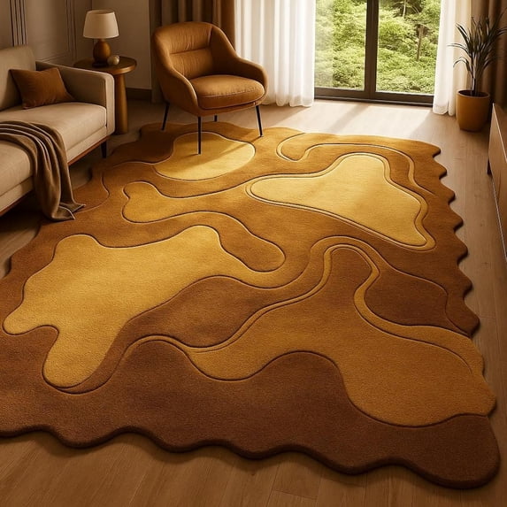 Patterned Wool Runner Rugs Hand Tufted Ochre and Brown Abstract Wavy Patterned Wool Area Rug for ...