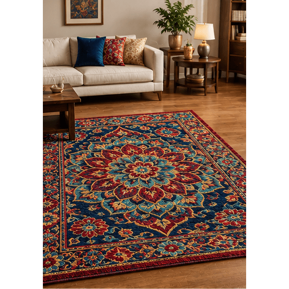 Blue Red Office Rug Hand-Tufted Persian Medallion Crimson Red and Deep Indigo Blue Wool ...