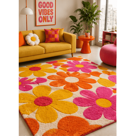 Pink Rug Room Hand-Tufted Retro Daisy Floral Pink Orange and Yellow Wool Area Rug for ...