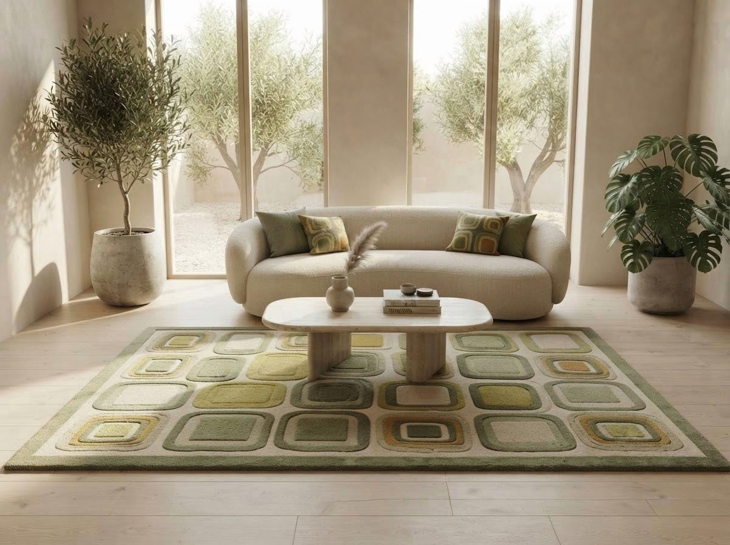 Square Pattern Extra Large Area Rug Hand-Tufted Retro Square Pattern Wool Blend Area Rug Olive Green ...