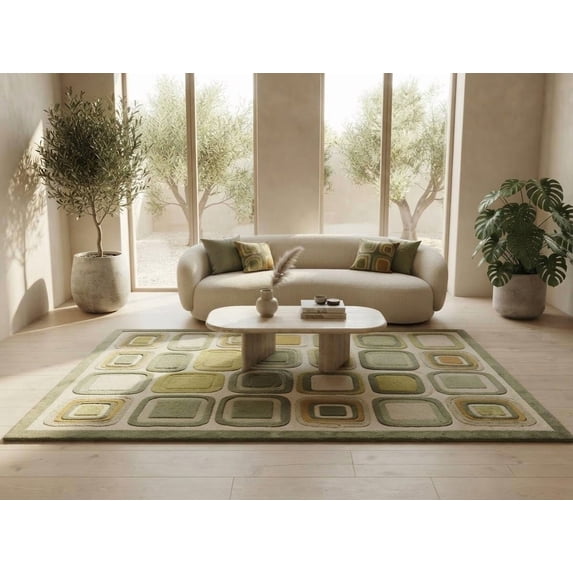 Square Cream Rug Hand-Tufted Retro Square Pattern Wool Blend Area Rug Olive Green ...