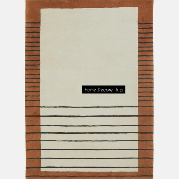 Hand-Tufted Solid Rug with Border And Striped – 7x10 – Warm Ivory Center, Brown Border