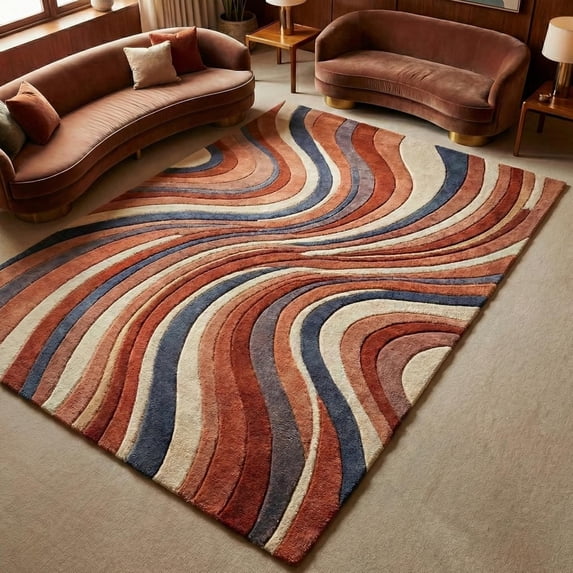Hand Tufted Terracotta and Navy Blue Abstract Swirling Wave Wool Area ...