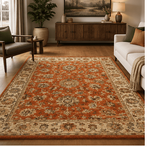 Beige Border Rug Hand-Tufted Traditional Floral Area Rug, Classic Terracotta Rust and ...