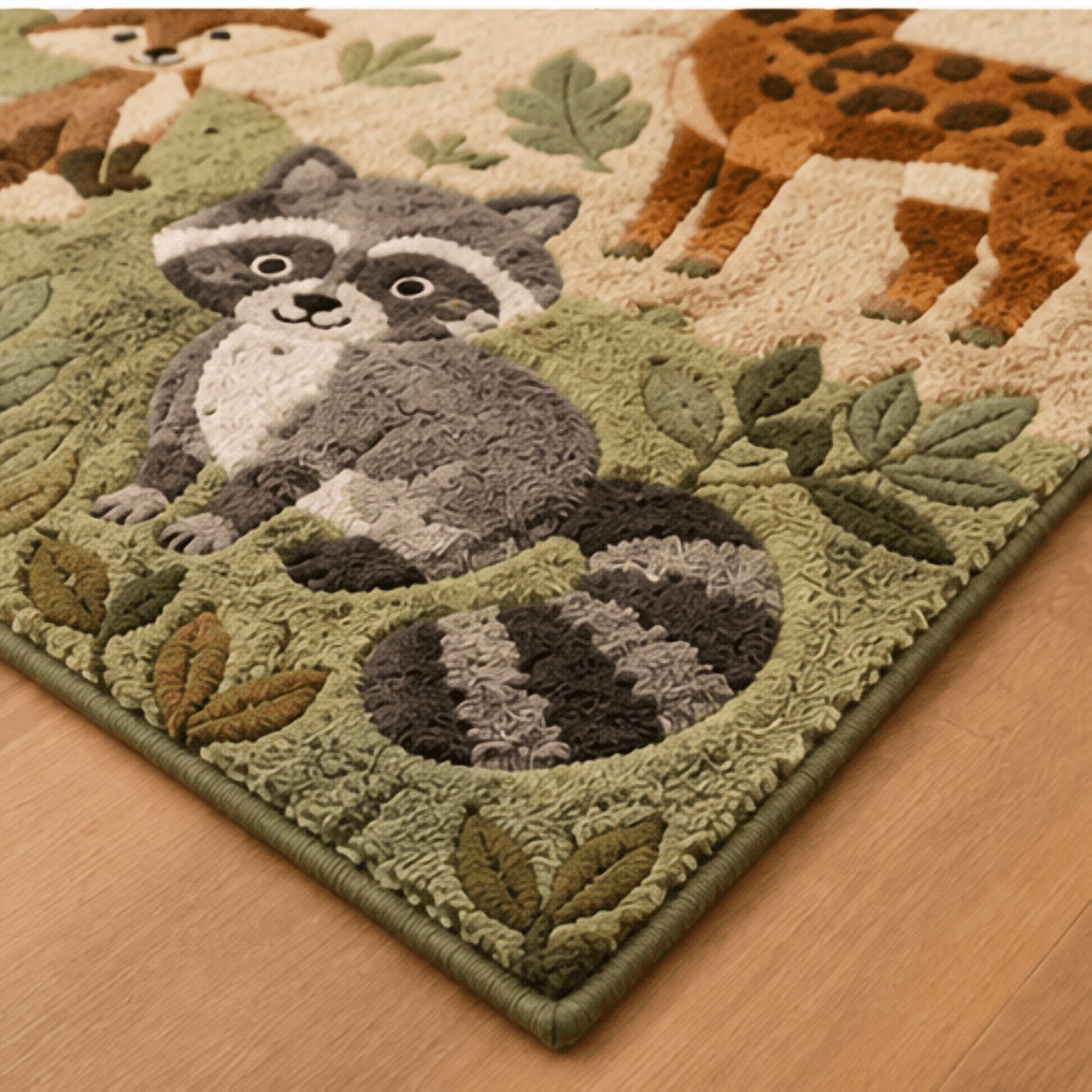 Hand-Tufted Woodland Animals Kids Area Rug, Soft Cream and Sage Green ...